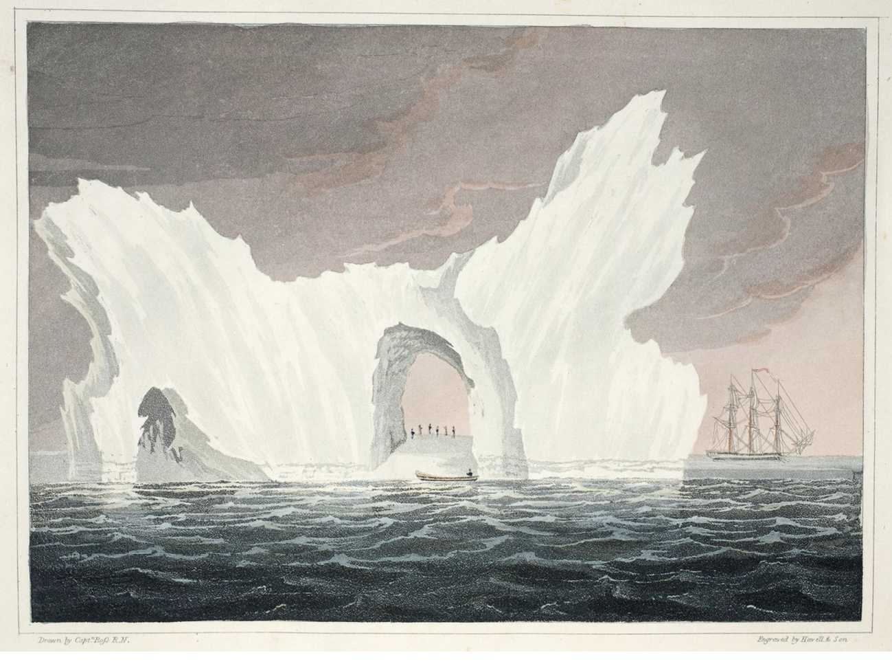Coloured print of an iceberg with a huge natural arch in which several people are standing. A small boat alongside and a ship in the distance.