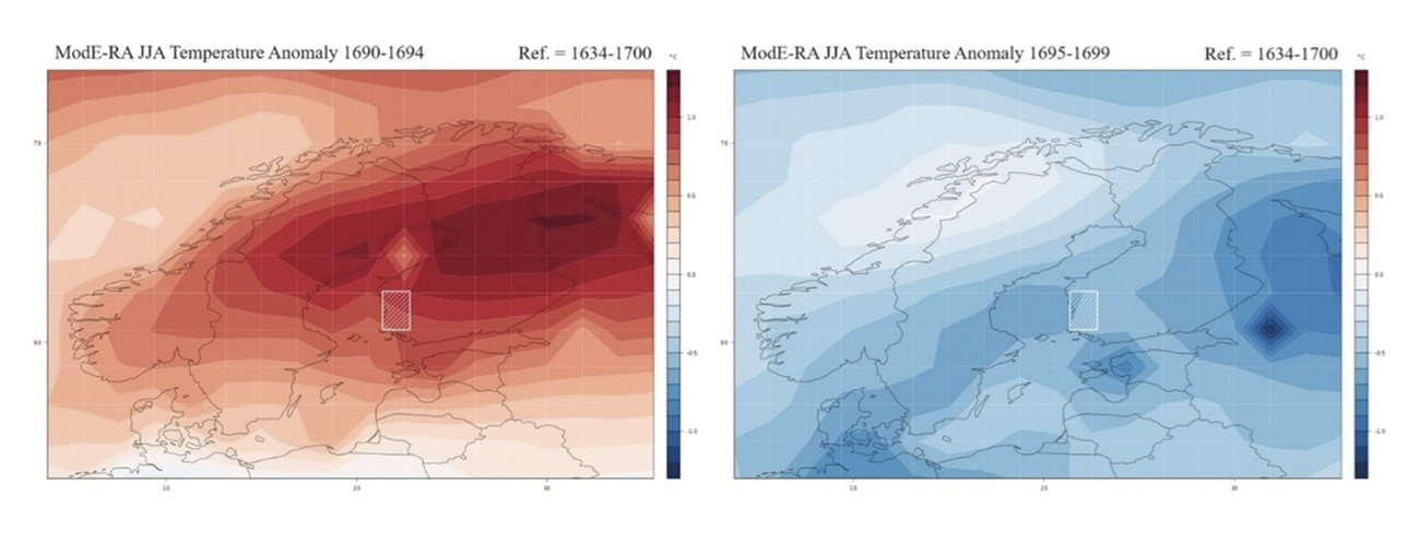 Charts showing positive temperature anomaly over Finland in 1689–1694 and negative temperature anomaly in 1695–1699