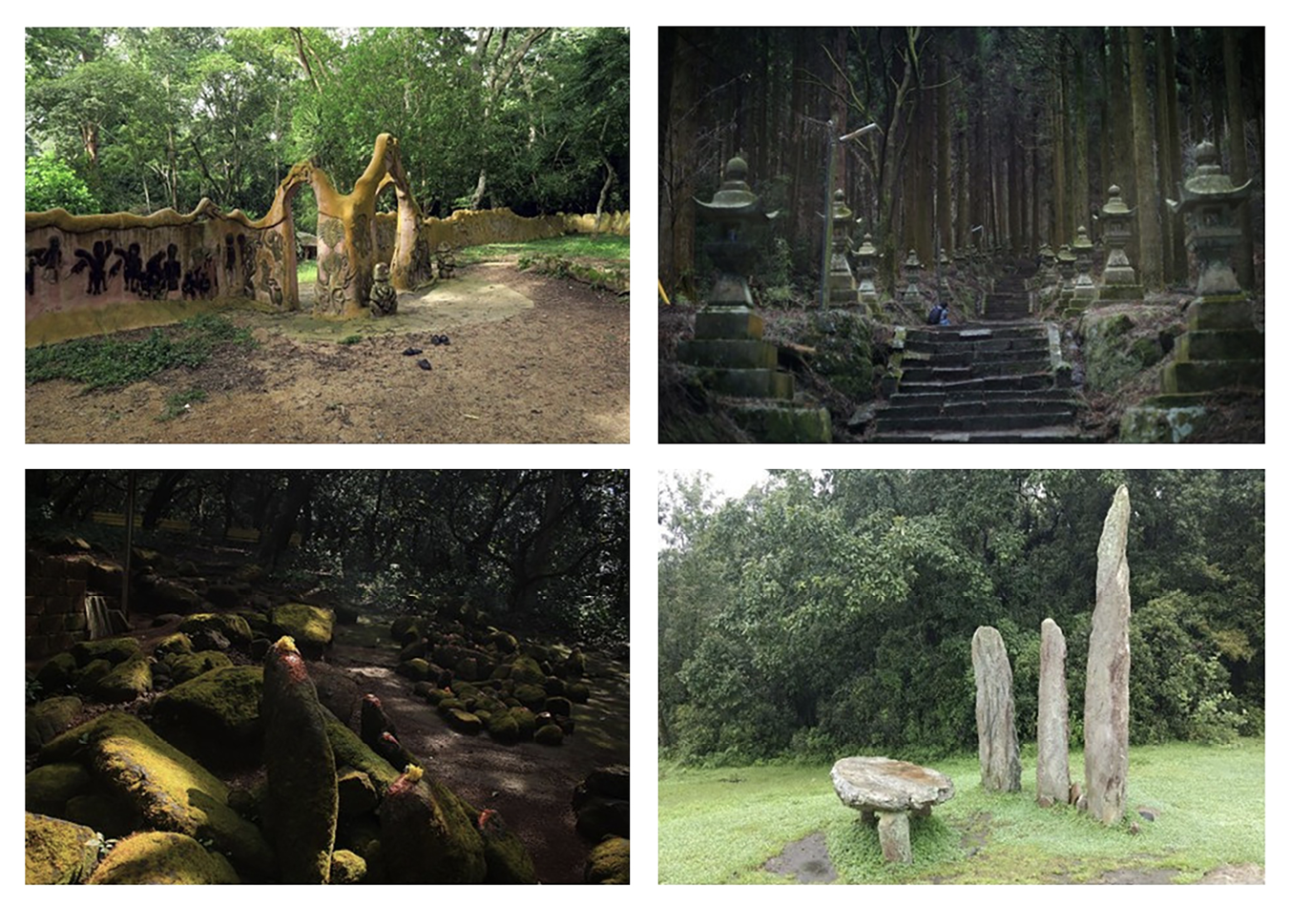 Collage of images showing sacred groves present in forests all over the world