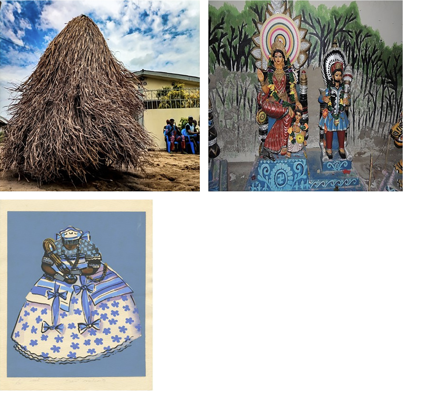 Collage of three deities associated with mangroves that are worshipped by some people in Benin, India and Brazil