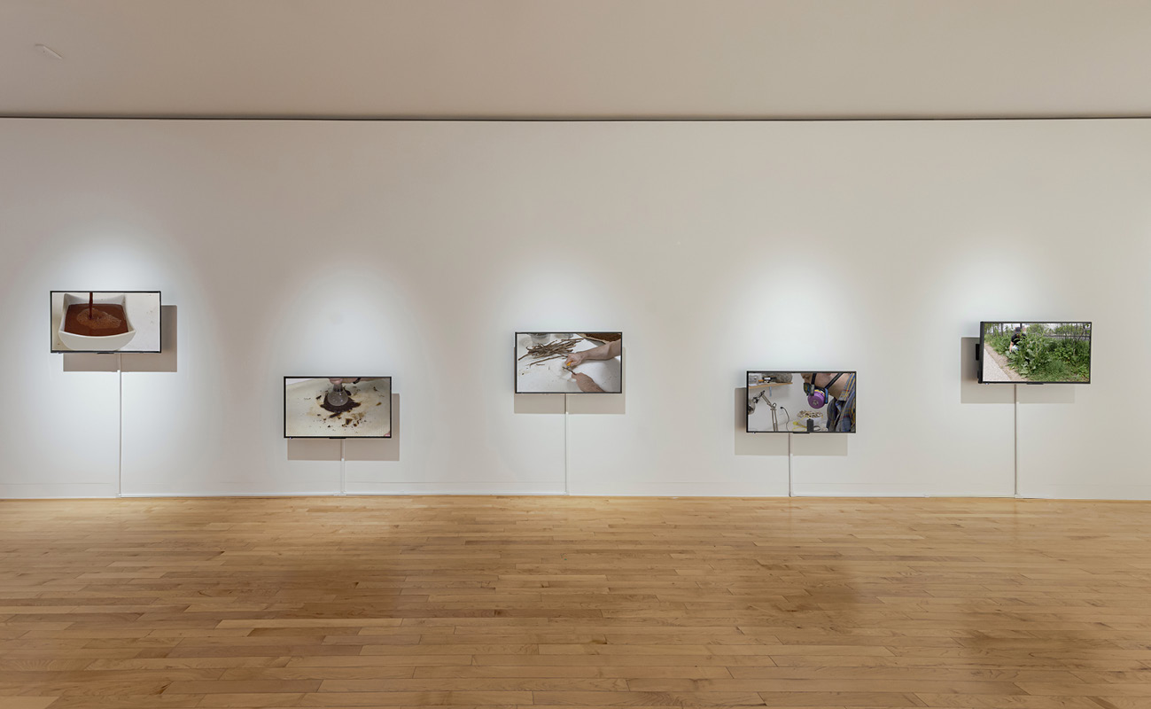 Five monitors showing natural materials hang at different heights along a white wall.