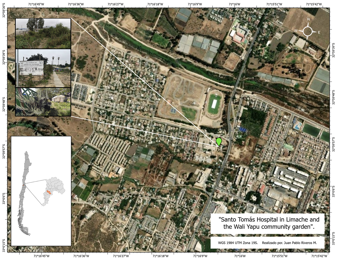 The picture shows Santo Tomás Hospital in the city of Limache, in central Chile. Behind the hospital, you can see the small Wali Yapu community garden