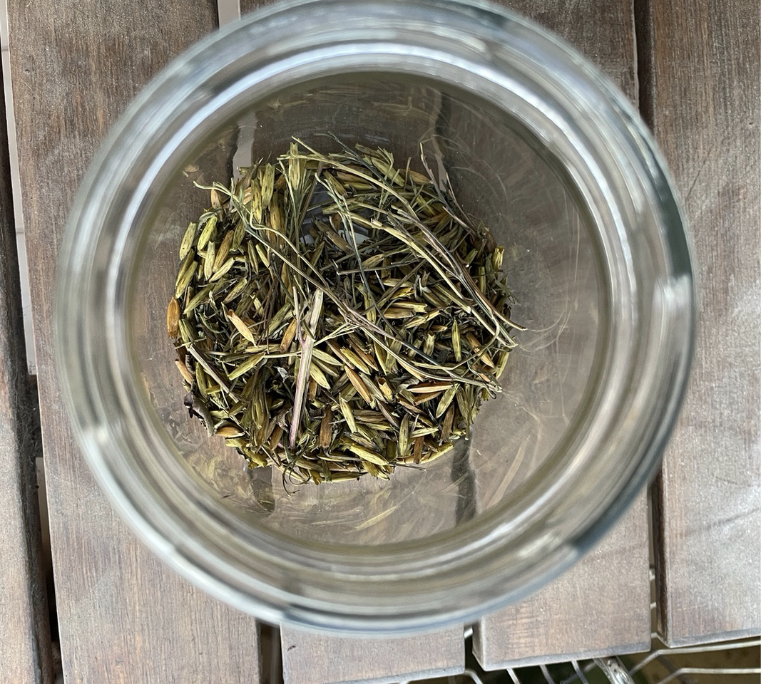 The picture shows huacatay seeds in a small glass jar