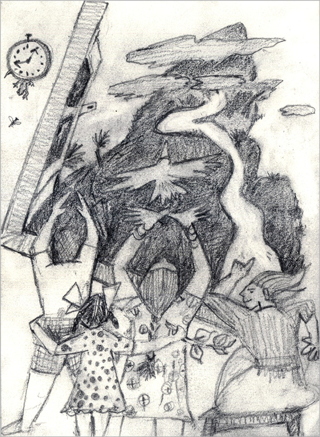 sketch of children and landscape