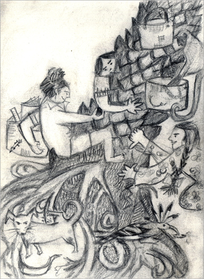 sketch of children embracing tree