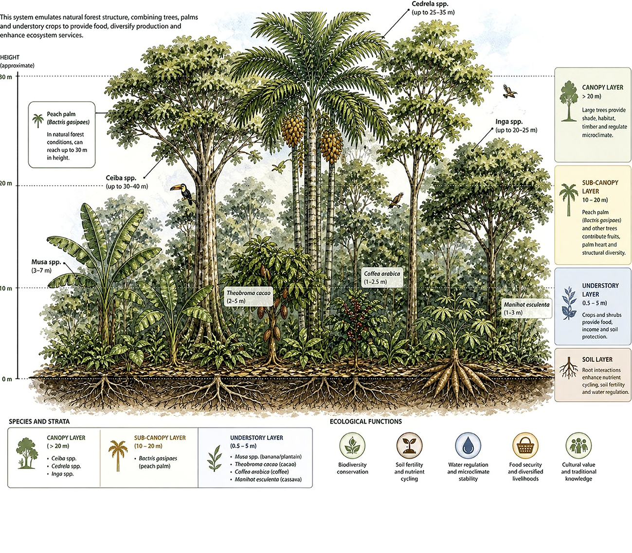 Illustration of a Multi-strata agroforestry system incorporating Bactris gasipaes (peach palm).