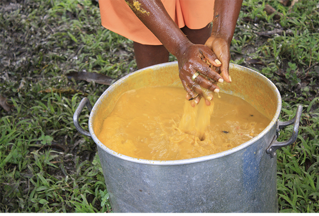 An Afro-Brazilian woman washes oil from the fresh fruit of the African oil palm to create azeite de dendê, or palm oil, an essential ingredient in Afro-Brazilian cuisines and religions prominent in Bahia and elsewhere in Brazil.
