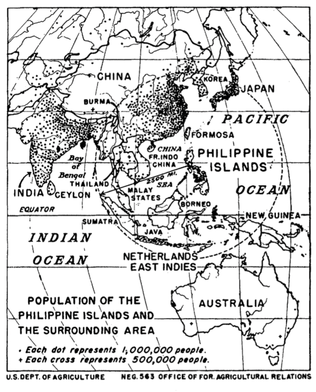 A birds-eye view map with China at the north; Australia to the south; India to the west; New Guina to the east. The Indian and Pacific oceans are identified. Circled in the center are the Philippine Islands. Text on the map reads: Population of the Philippine Islands and the Surrounding area. Each dot represents 1,000,000 people. Each cross represents 500,000 people. US Dept. of Agriculture. Neg. 563. Office of Agricultural Relations. Fig 4. All of the principal coconut-exporting countries except Ceylon are included within a circle of 2,500 miles radius from Manila. Within the included area live almost one-third of the world’s population and from it comes over half of the world’s supply of copra. (From, “Agricultural Geography of the Philippine Islands,” p. 1 processed report, Dec. 1945, Off. For. Agr. Rel. U.S. Dept. Agr).’ 