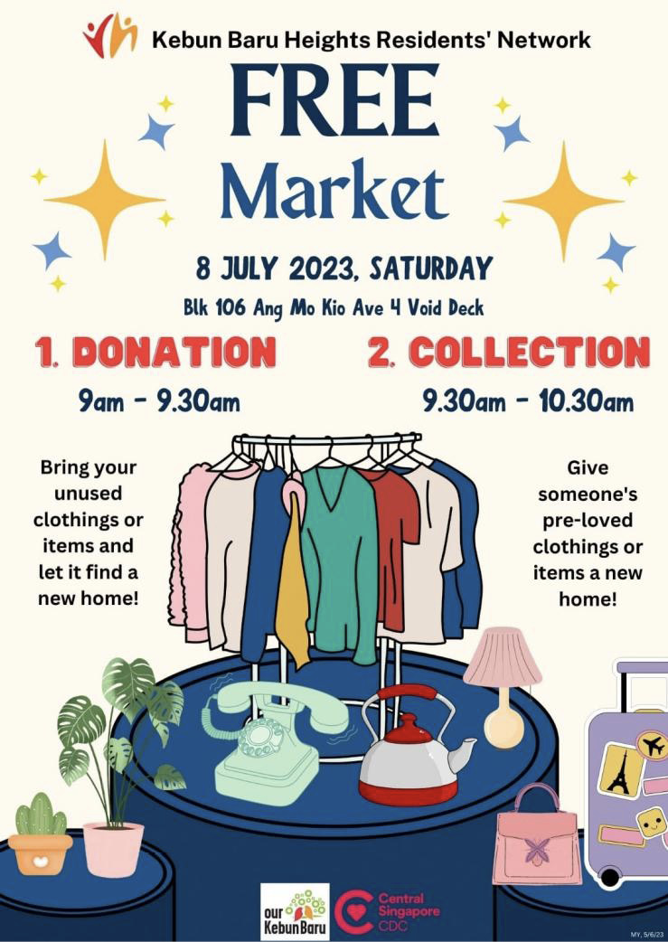 Poster advertising donation and collection times, with images of clothes, electrical goods, pot plants and luggage