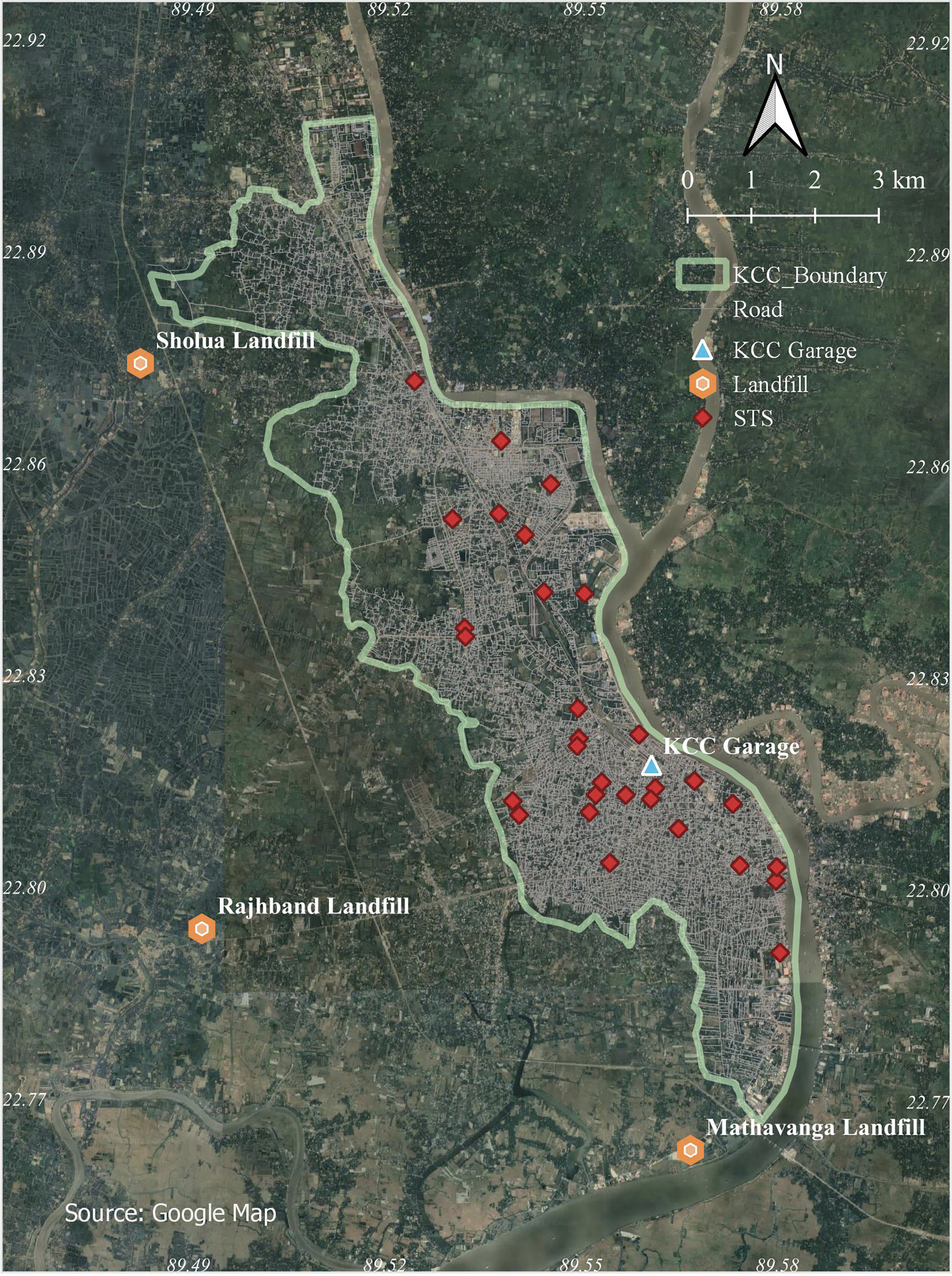 satellite image of Khulna city showing landfill sites and transfer stations