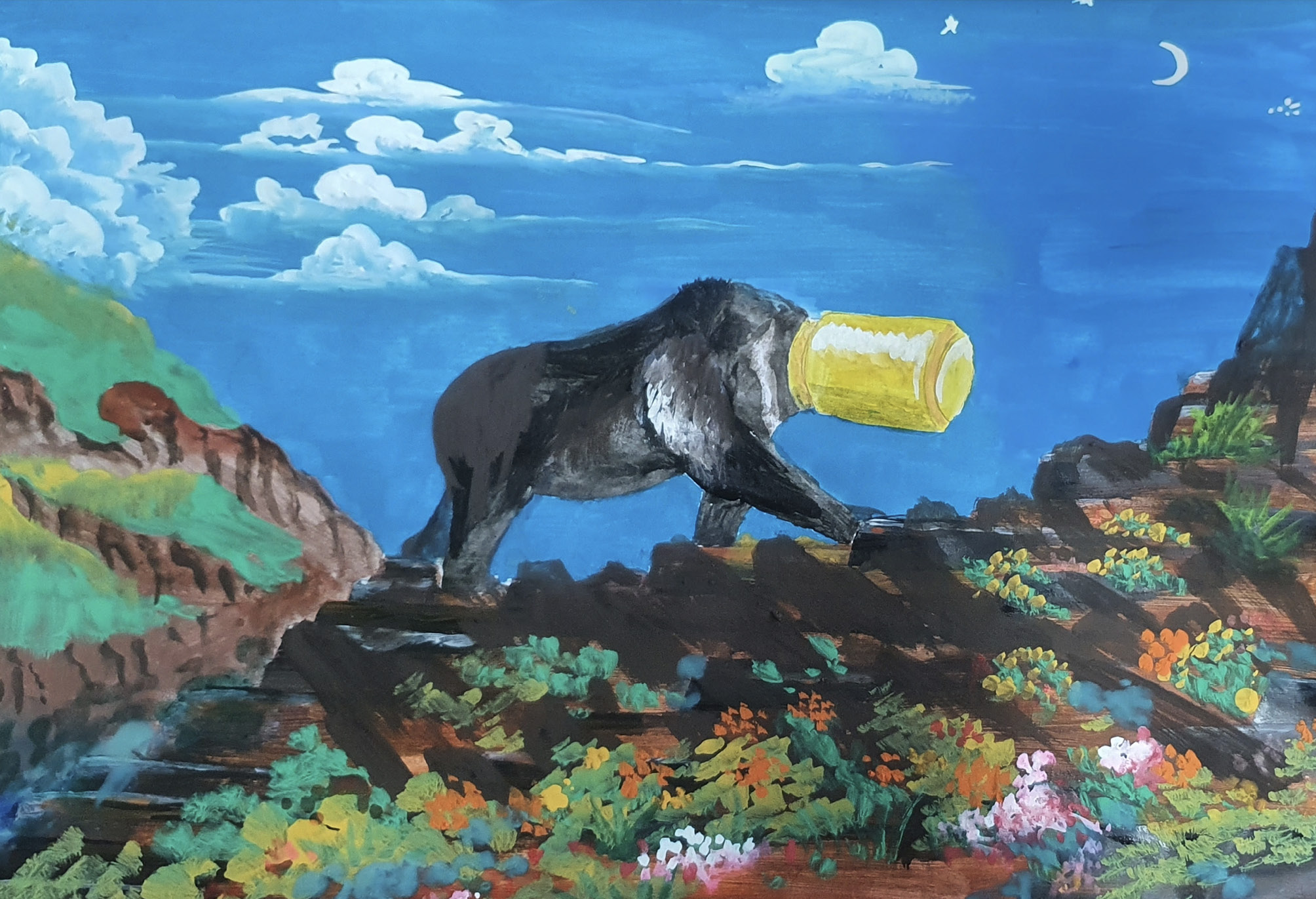 A painting showing a bear with its head trapped in a bright yellow plastic butter lamp oil bucket, blindly walking along a steep rocky cliff covered with colourful flowering plants. The sky above is deep blue with white clouds and a crescent moon, evoking both beauty and danger.