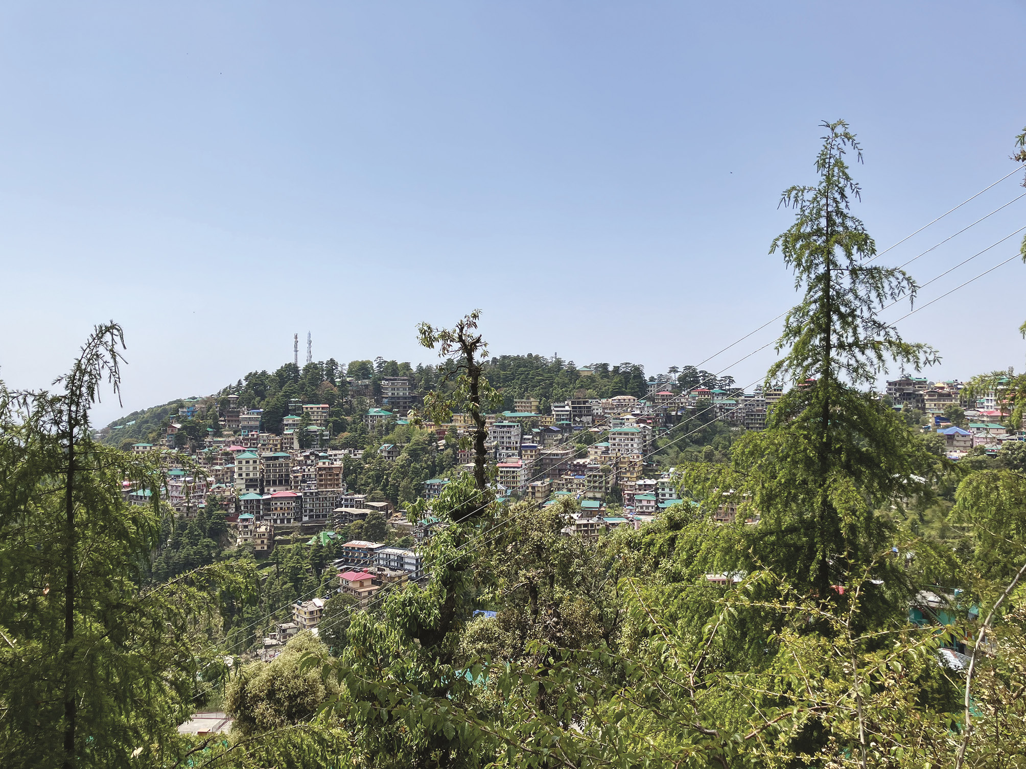 Photograph showing buildings nestled in a forested hillside.