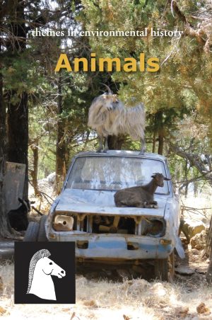 Decorative book cover image of a goat sitting on the hood of a car.