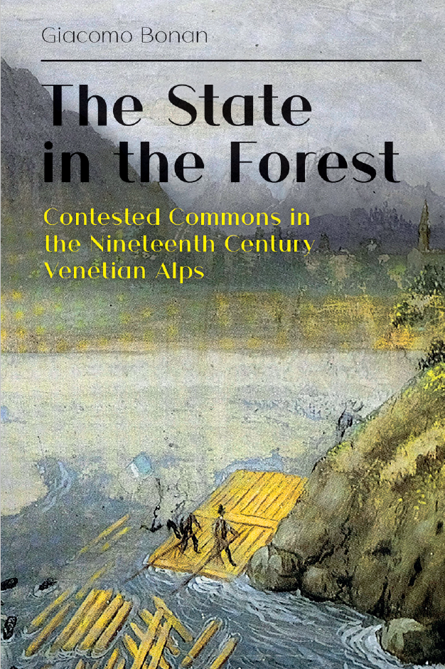 Decorative book cover image based on a painting of people on a raft guiding timber down a river near a steep slope.