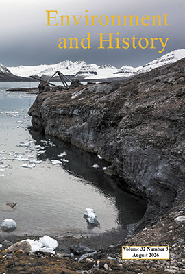 Cover image for issue of journal Environment and History, showing a rocky cost with snow-covered hills; a  small crane works along the coast.