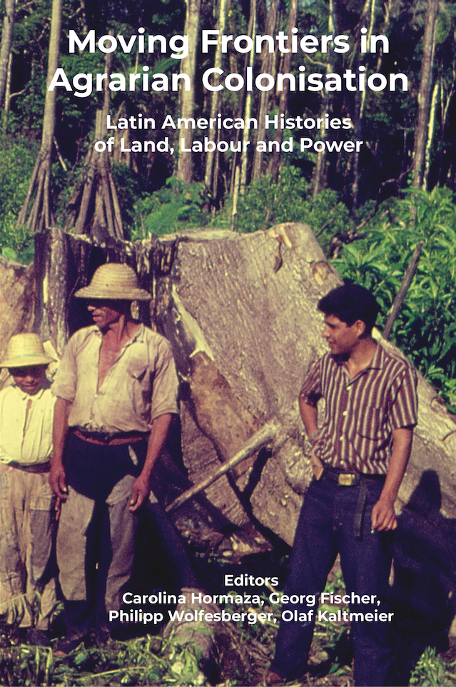 Book cover showing a photo of two men and a child standing by a huge tree stump in a densely forested area.